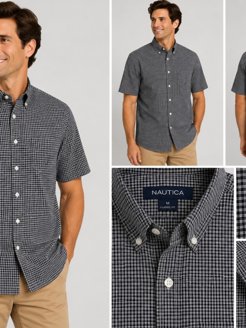 Nautica Men's Black & White Short-Sleeve Micro-Check Button-Down Shirt